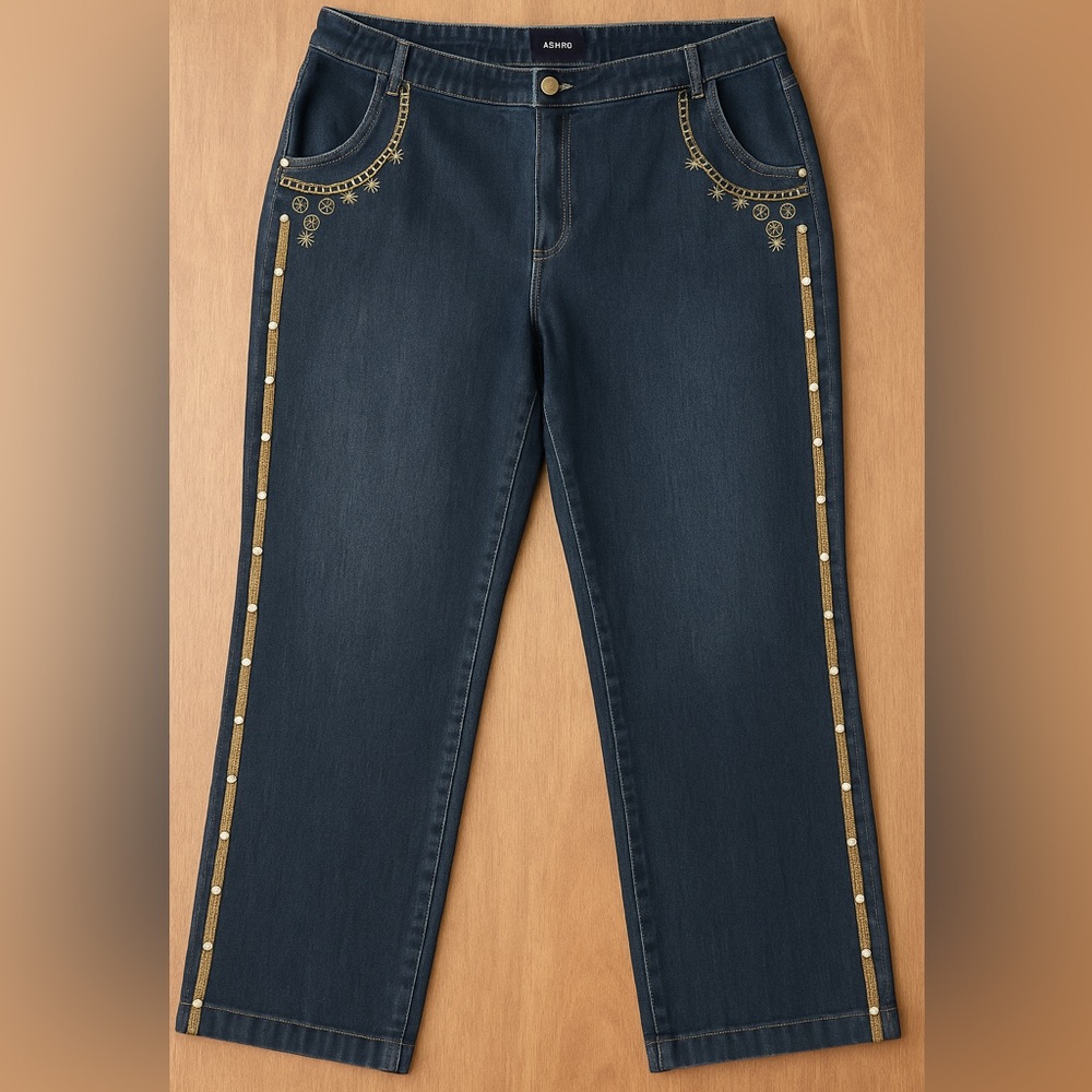 Ashro Embellished Jeans Size 20W Rhinestone Trim & Gold Stitch Denim Wide Leg
